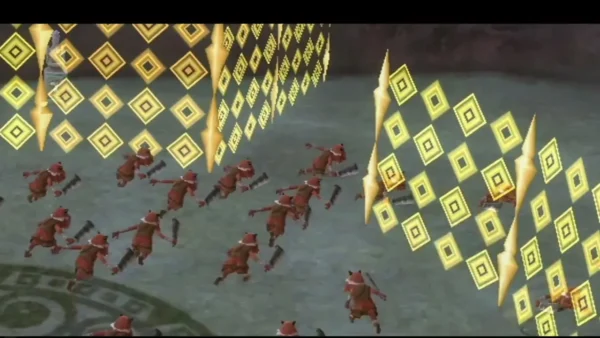 A pack of red Bokoblins charges across the arena behind a line of golden glyph walls. A pack of red Bokoblins charges across the arena behind a line of golden glyph walls.