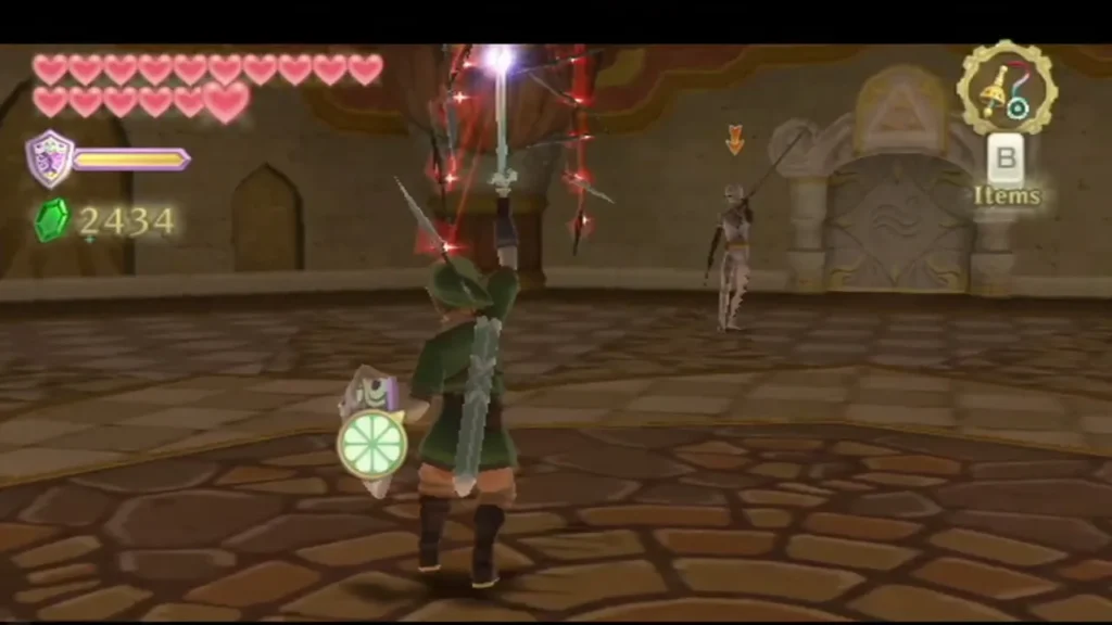 Red diamond blades fly above Link while Ghirahim stands back across the Fire Sanctuary arena Red diamond blades fly above Link while Ghirahim stands back across the Fire Sanctuary arena