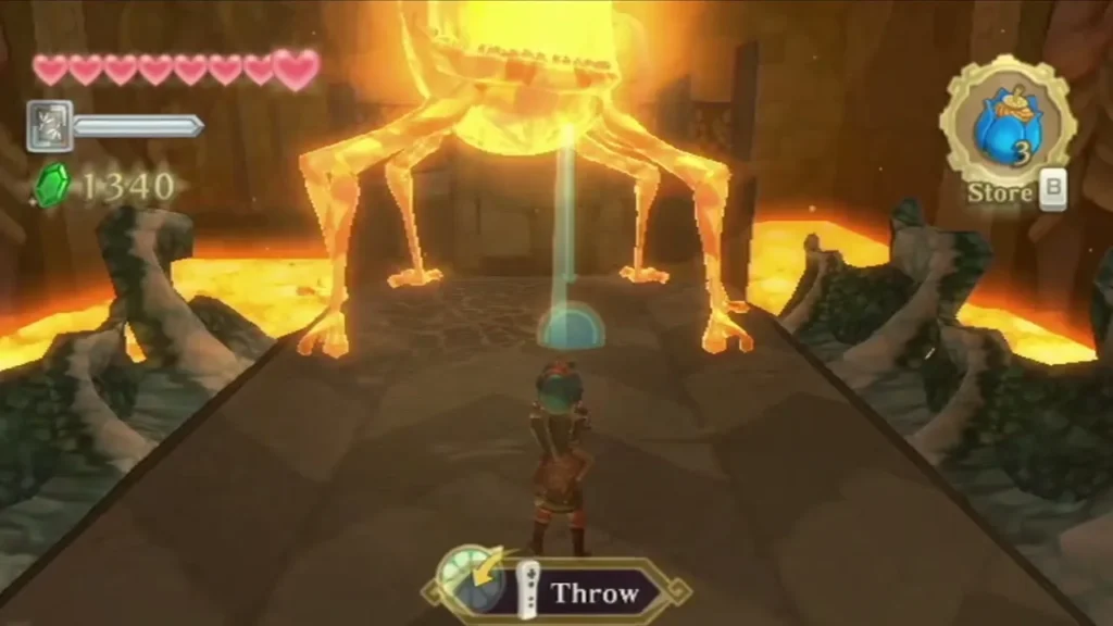 Link readies a Bomb to throw at Scaldera on the bridge, with the Throw prompt on screen. Link readies a Bomb to throw at Scaldera on the bridge, with the Throw prompt on screen.