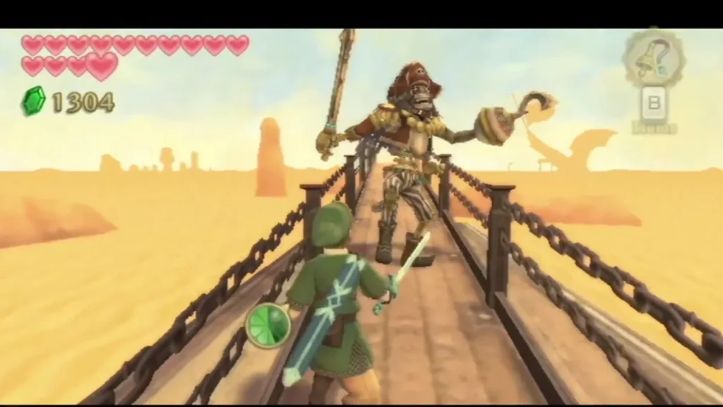 Link faces Scervo on the narrow chain bridge as the robot pirate raises a sword and a spiked mace Link faces Scervo on the narrow chain bridge as the robot pirate raises a sword and a spiked mace