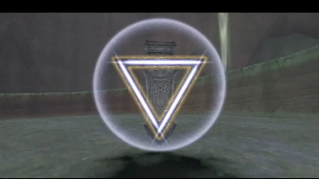 A glowing triangle seal pattern hovers inside a light bubble above the sealing spike A glowing triangle seal pattern hovers inside a light bubble above the sealing spike
