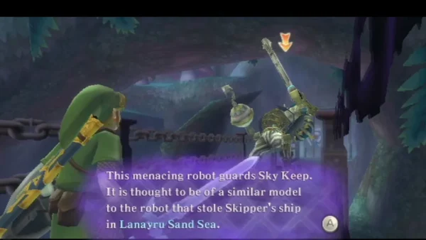A message box says the armored robot guarding Sky Keep is similar to the one that stole Skipper's ship A message box says the armored robot guarding Sky Keep is similar to the one that stole Skipper's ship