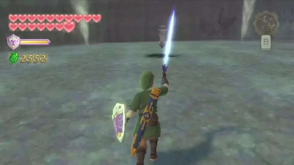 Link charges a Skyward Strike, its blue beam rising from the sword in the Imprisoned's arena. Link charges a Skyward Strike, its blue beam rising from the sword in the Imprisoned's arena.