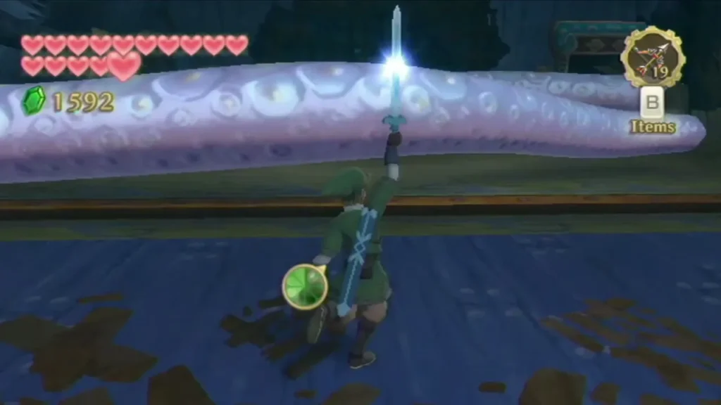 Link raises his sword for a Skyward Strike against a purple tentacle in the Sandship Link raises his sword for a Skyward Strike against a purple tentacle in the Sandship
