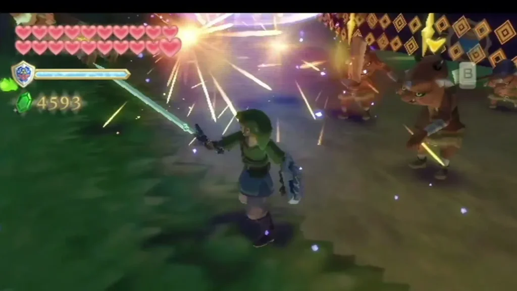 Link's glowing sword bursts among the Bokoblins on the field, with golden glyph walls behind them. Link's glowing sword bursts among the Bokoblins on the field, with golden glyph walls behind them.