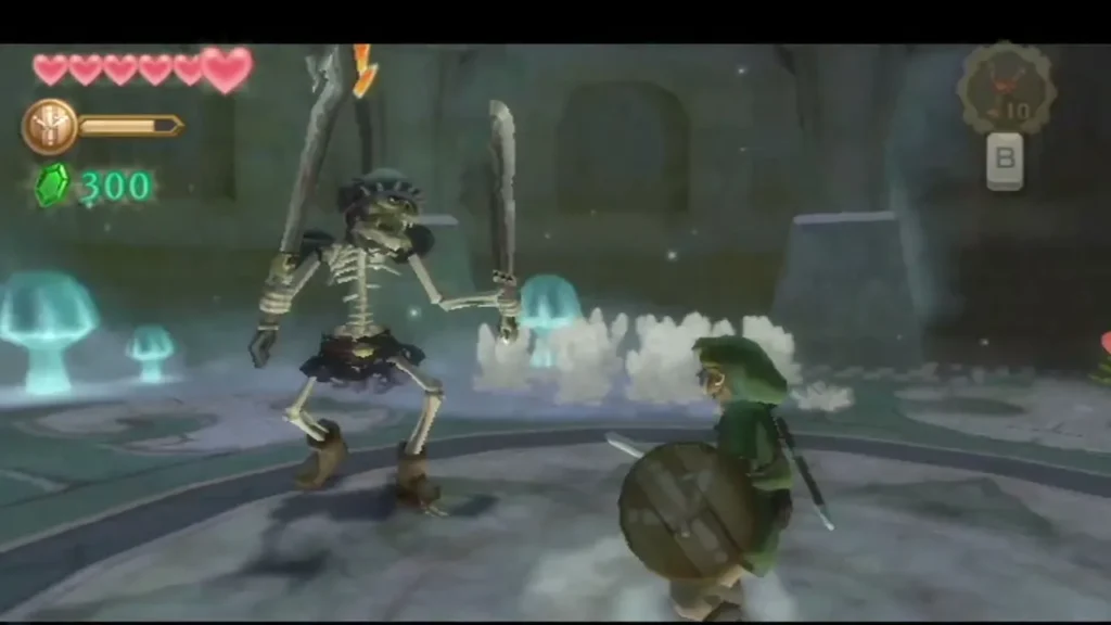 The Stalfos raises two swords in a round Skyview Temple arena while Link readies his shield. The Stalfos raises two swords in a round Skyview Temple arena while Link readies his shield.