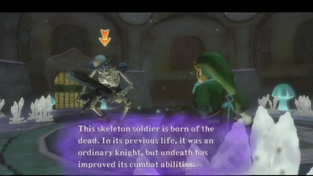 A skeleton soldier stands in a Skyview Temple arena beside Link, under its full description text. A skeleton soldier stands in a Skyview Temple arena beside Link, under its full description text.