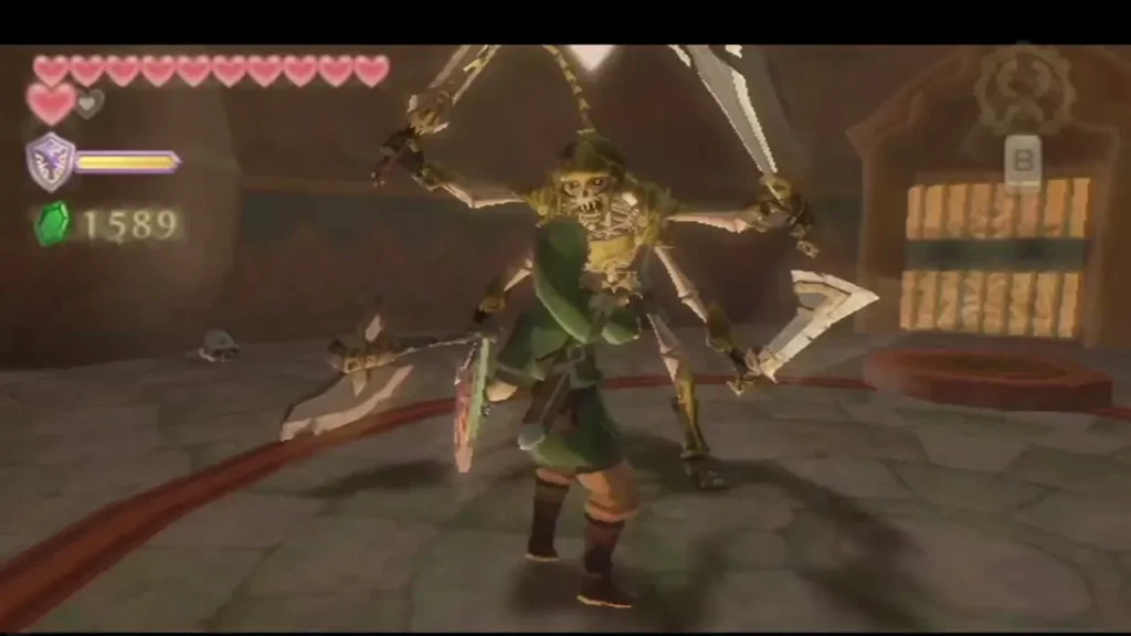 The Stalmaster unfolds extra arms with swords and an axe while Link raises his shield in the Ancient Cistern The Stalmaster unfolds extra arms with swords and an axe while Link raises his shield in the Ancient Cistern