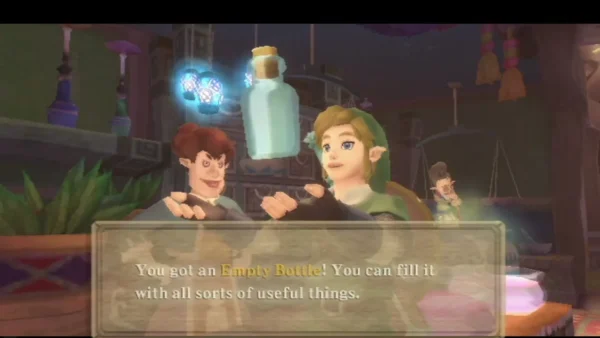 A Skyloft shop gives Link an Empty Bottle, with the full 'You got an Empty Bottle!' message on screen. A Skyloft shop gives Link an Empty Bottle, with the full 'You got an Empty Bottle!' message on screen.
