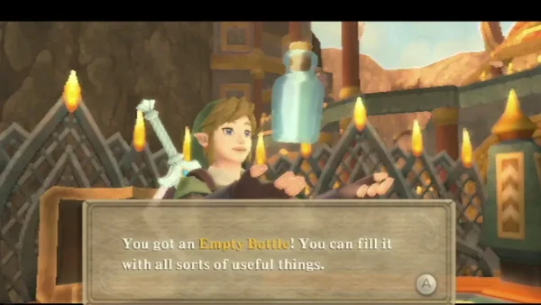 Link raises an Empty Bottle above an open chest in the Fire Sanctuary, with its item box fully typed. Link raises an Empty Bottle above an open chest in the Fire Sanctuary, with its item box fully typed.