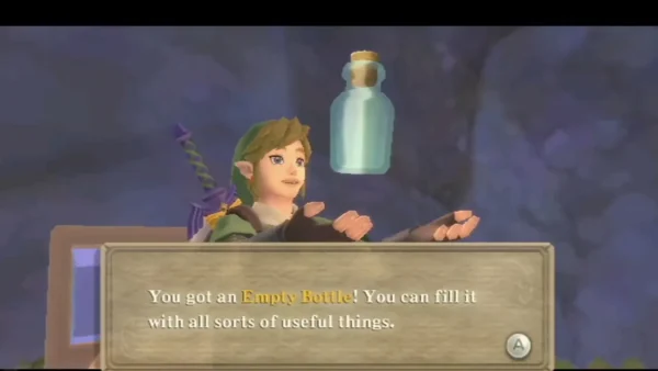 Link holds up an Empty Bottle against a blue backdrop, with its item box fully typed. Link holds up an Empty Bottle against a blue backdrop, with its item box fully typed.