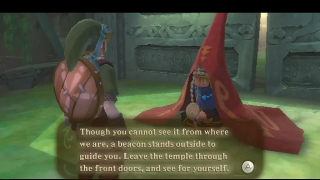 A sage in a blue robe sits behind a red cloth as Link stands before her in the Sealed Temple. A sage in a blue robe sits behind a red cloth as Link stands before her in the Sealed Temple.