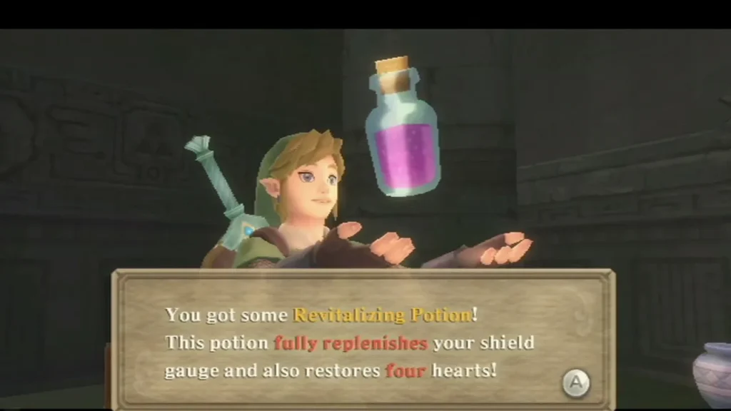 Link holds up a Revitalizing Potion in the Sealed Temple; the message box says it restores four hearts. Link holds up a Revitalizing Potion in the Sealed Temple; the message box says it restores four hearts.