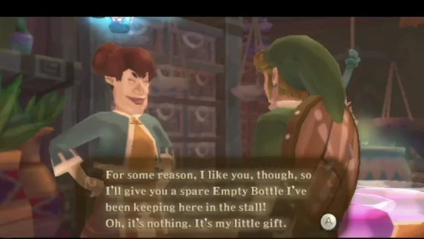 The shopkeeper says he will give Link a spare Empty Bottle he has been keeping in the stall, as a gift. The shopkeeper says he will give Link a spare Empty Bottle he has been keeping in the stall, as a gift.