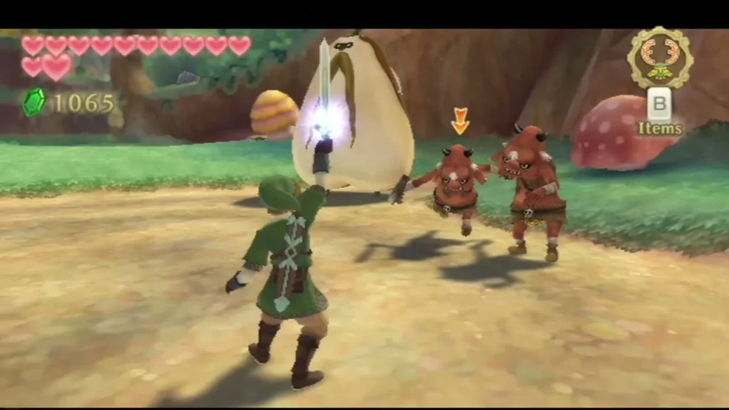 Link raises his sword against two red Bokoblins on a Faron Woods path. Link raises his sword against two red Bokoblins on a Faron Woods path.
