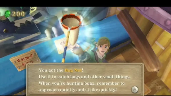 Link holds up the Bug Net, with its message box telling him to approach bugs quietly and strike quickly Link holds up the Bug Net, with its message box telling him to approach bugs quietly and strike quickly