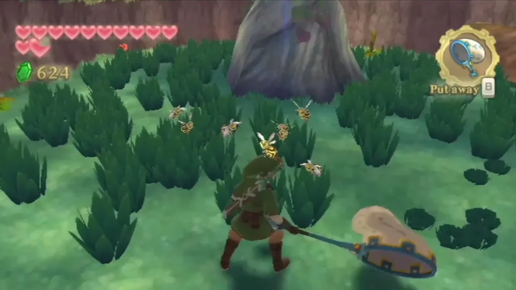 Link swings his bug net at a swarm of Deku Hornets in tall grass beside a tree. Link swings his bug net at a swarm of Deku Hornets in tall grass beside a tree.