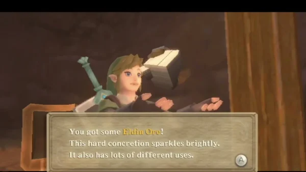 Link holds up a chunk of Eldin Ore in a brown rock cave, with the full pickup message showing. Link holds up a chunk of Eldin Ore in a brown rock cave, with the full pickup message showing.