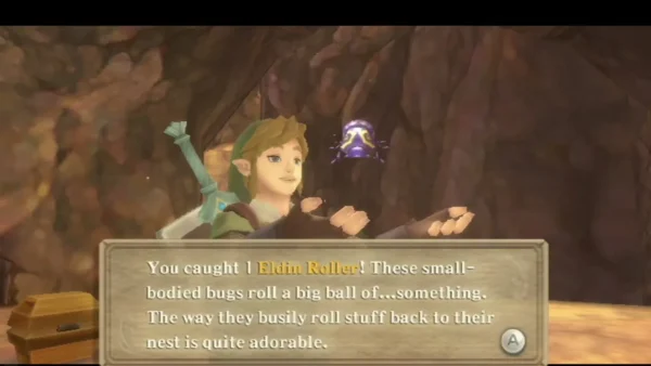 Link in an Eldin Volcano cave holds out his hands as a purple Eldin Roller hovers, its catch message fully typed. Link in an Eldin Volcano cave holds out his hands as a purple Eldin Roller hovers, its catch message fully typed.