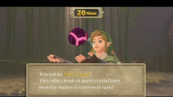 Link holds up an Evil Crystal in a bamboo grove after a Clean Cut round, with the full pickup message. Link holds up an Evil Crystal in a bamboo grove after a Clean Cut round, with the full pickup message.