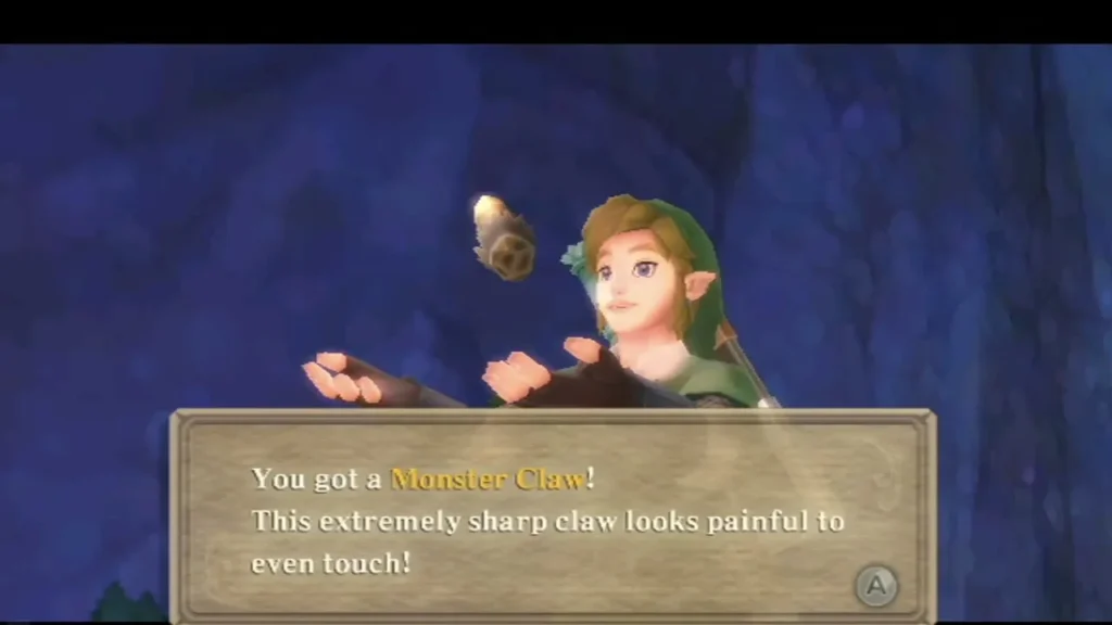 Link holds up a Monster Claw he has just gotten, with its full item message box showing