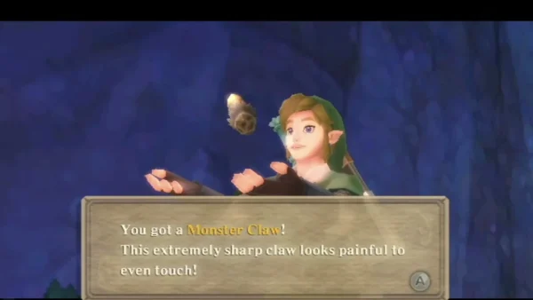 Link holds up a Monster Claw he has just gotten, with its full item message box showing Link holds up a Monster Claw he has just gotten, with its full item message box showing