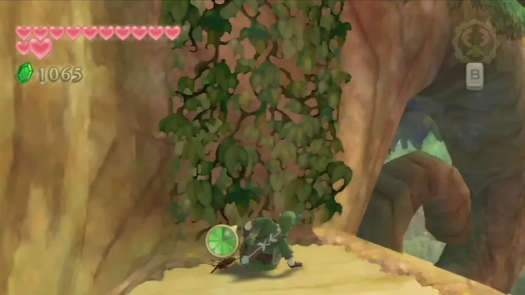 Link rolls past a vine-covered wall in Faron Woods as a beetle drops to the ground. Link rolls past a vine-covered wall in Faron Woods as a beetle drops to the ground.