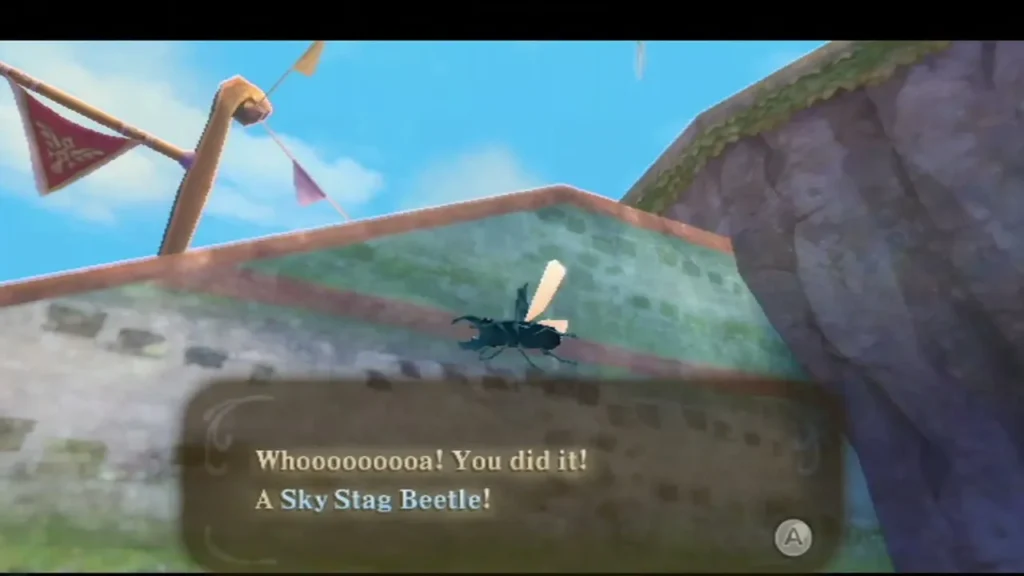 A Sky Stag Beetle flies past a Skyloft rooftop as the message reads: Whoooooooa! You did it! A Sky Stag Beetle flies past a Skyloft rooftop as the message reads: Whoooooooa! You did it!