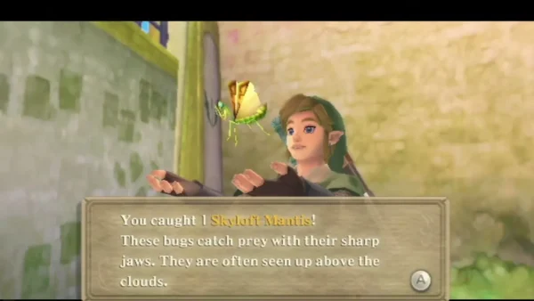 Link holds out his hands as a Skyloft Mantis hovers above them, with the catch message fully shown Link holds out his hands as a Skyloft Mantis hovers above them, with the catch message fully shown