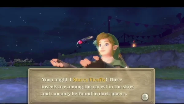 Link holds up a Starry Firefly at night, with the full catch message on screen. Link holds up a Starry Firefly at night, with the full catch message on screen.