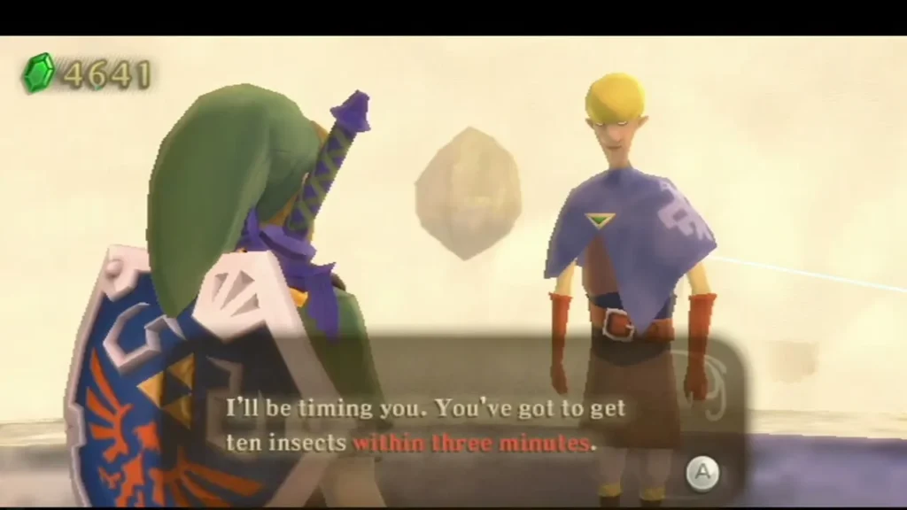 A blue-tunic student says Link must catch ten insects within three minutes in the bug-catching contest. A blue-tunic student says Link must catch ten insects within three minutes in the bug-catching contest.
