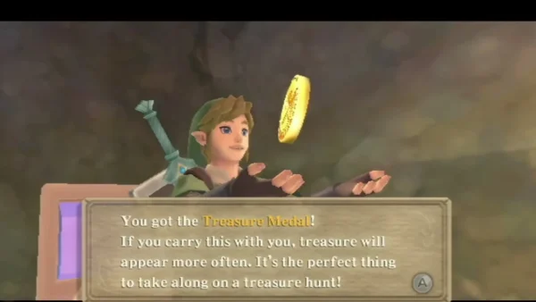 Link holds up the Treasure Medal in a dim room, its full box saying treasure will appear more often. Link holds up the Treasure Medal in a dim room, its full box saying treasure will appear more often.