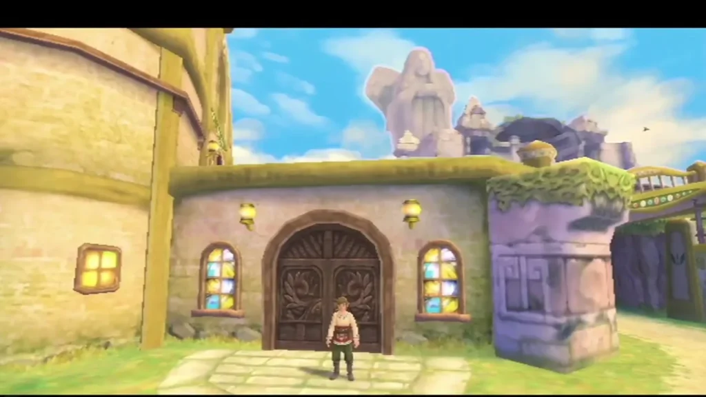 Link stands at the carved wooden door of a stone Skyloft building, with the Statue of the Goddess above. Link stands at the carved wooden door of a stone Skyloft building, with the Statue of the Goddess above.