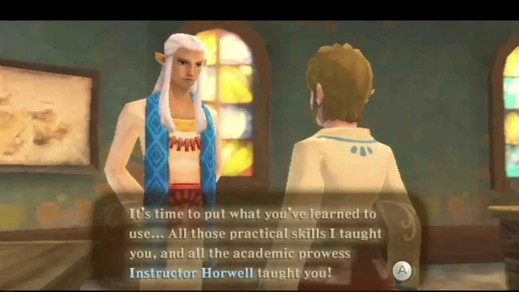 An instructor with long white hair speaks to Link in a classroom under stained-glass windows. An instructor with long white hair speaks to Link in a classroom under stained-glass windows.