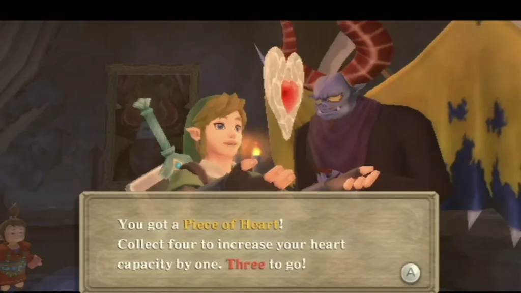 Batreaux shows Link a Piece of Heart, and the box says three more are needed for a heart. Batreaux shows Link a Piece of Heart, and the box says three more are needed for a heart.
