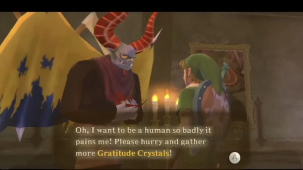 Batreaux, the horned demon, asks Link to hurry and gather more Gratitude Crystals so he can become human. Batreaux, the horned demon, asks Link to hurry and gather more Gratitude Crystals so he can become human.