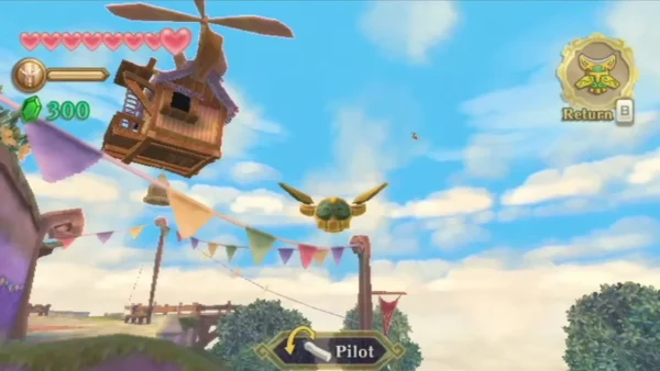 Beedle's Airshop hangs from a propeller over Skyloft, with a Pilot prompt on the screen. Beedle's Airshop hangs from a propeller over Skyloft, with a Pilot prompt on the screen.