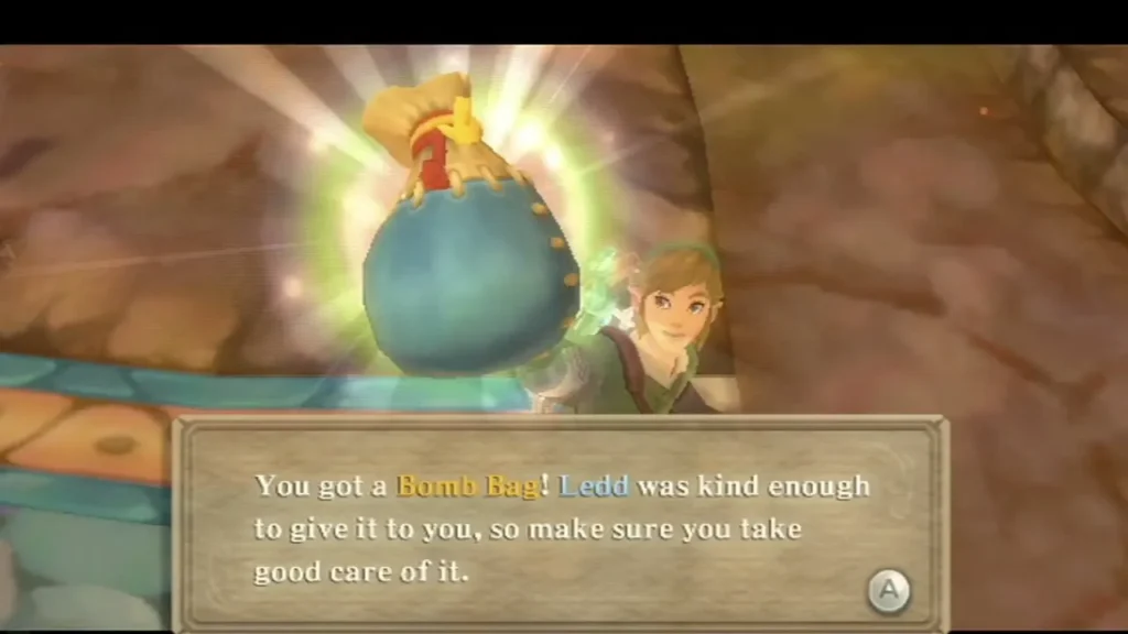 Link holds up a blue Bomb Bag as the message says Ledd kindly gave it to him. Link holds up a blue Bomb Bag as the message says Ledd kindly gave it to him.