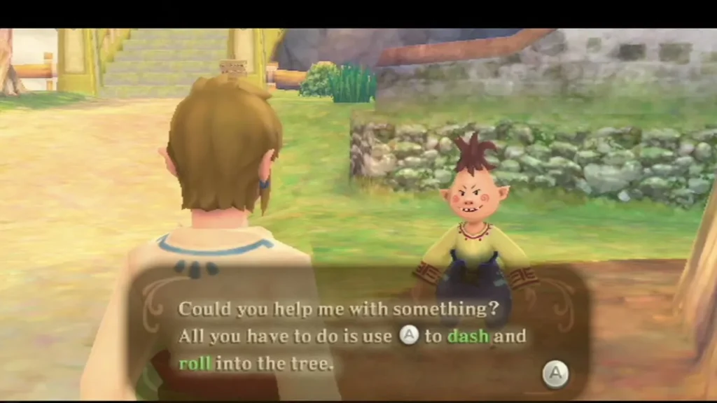 A Skyloft boy asks Link to dash and roll into a tree to knock a beetle loose for him. A Skyloft boy asks Link to dash and roll into a tree to knock a beetle loose for him.