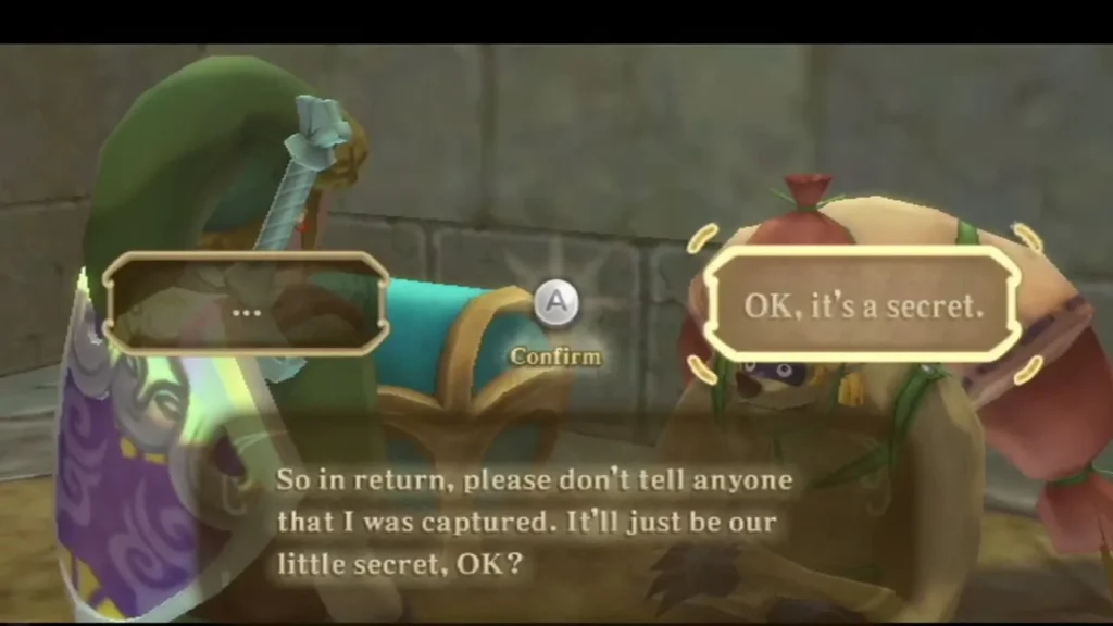 Bronzi asks Link not to tell anyone he was captured, beside a teal chest in the Fire Sanctuary. Bronzi asks Link not to tell anyone he was captured, beside a teal chest in the Fire Sanctuary.