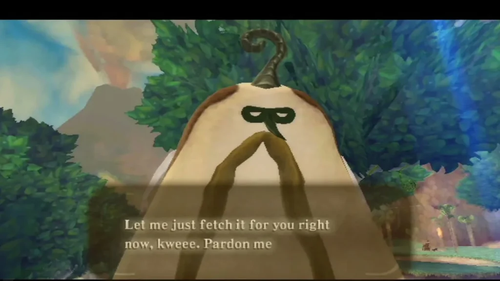 A huge Kikwi elder says he will fetch something for Link right now, kwee. A huge Kikwi elder says he will fetch something for Link right now, kwee.