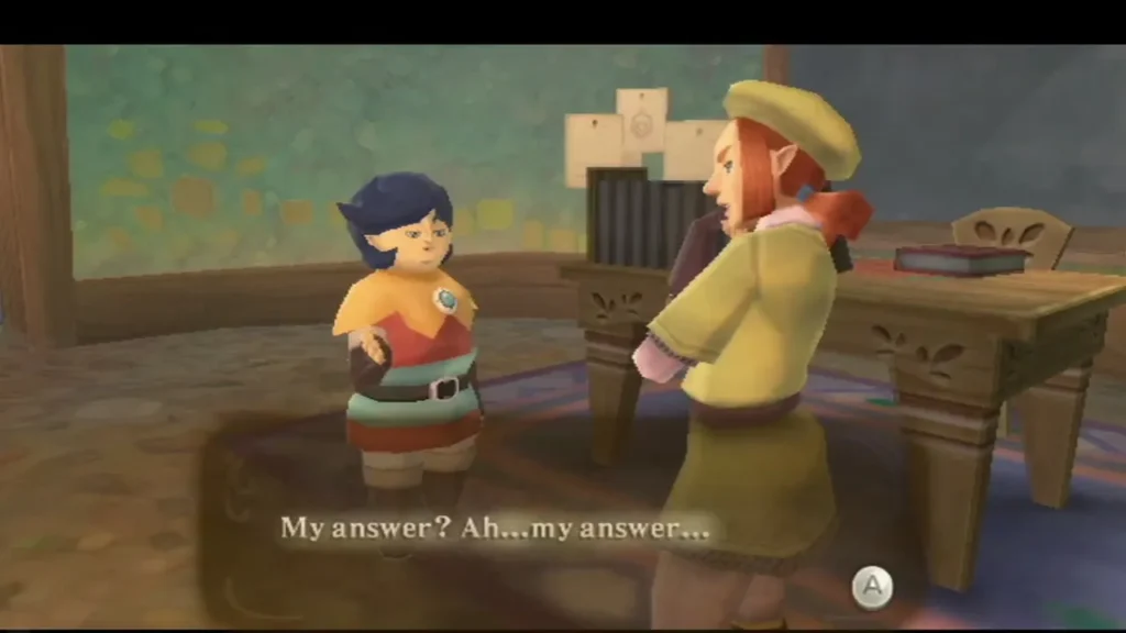Cawlin stands before Karane in her room, his box reading "My answer? Ah...my answer..." Cawlin stands before Karane in her room, his box reading "My answer? Ah...my answer..."