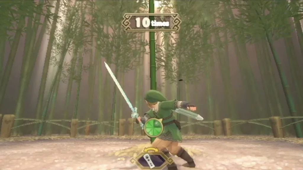 Link slashes bamboo stalks in the Clean Cut minigame, with a 10 times target shown at the top. Link slashes bamboo stalks in the Clean Cut minigame, with a 10 times target shown at the top.
