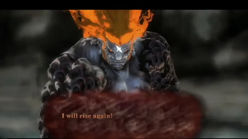 Demise, his fiery hair blazing, clenches his claws and vows "I will rise again!" in a red text box. Demise, his fiery hair blazing, clenches his claws and vows "I will rise again!" in a red text box.