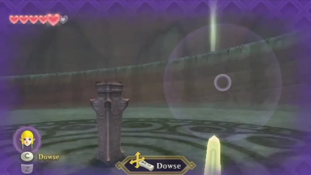 A Dowse prompt appears over a stone pillar in a dim ruin, with a glowing green beam rising from the ground. A Dowse prompt appears over a stone pillar in a dim ruin, with a glowing green beam rising from the ground.