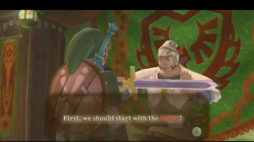 Armored sparring instructor in the Sparring Hall holds up a sword and tells Link they will start with the basics. Armored sparring instructor in the Sparring Hall holds up a sword and tells Link they will start with the basics.