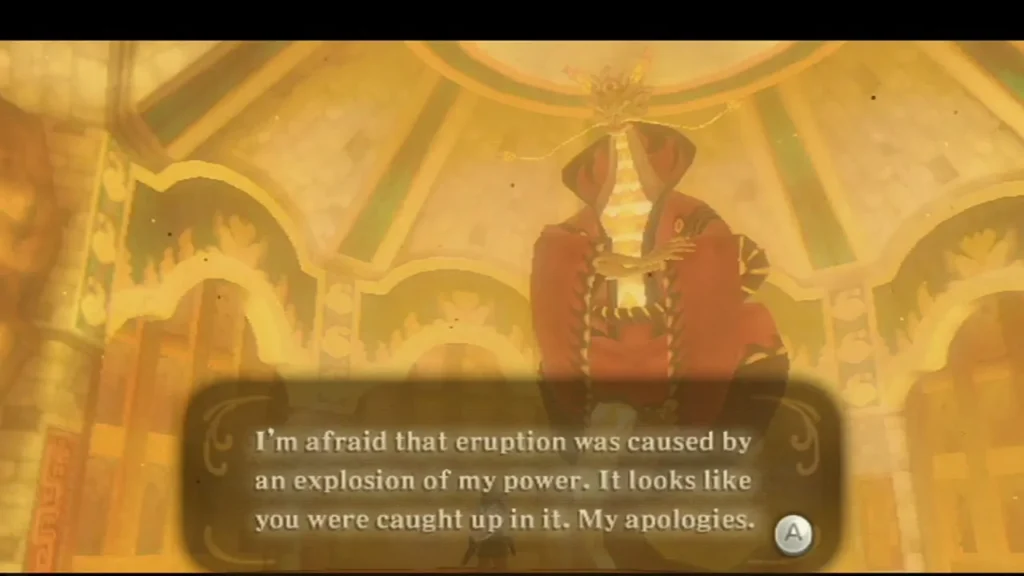 Eldin, the red-robed Fire Dragon, apologizes in a text box for the eruption his power caused Eldin, the red-robed Fire Dragon, apologizes in a text box for the eruption his power caused
