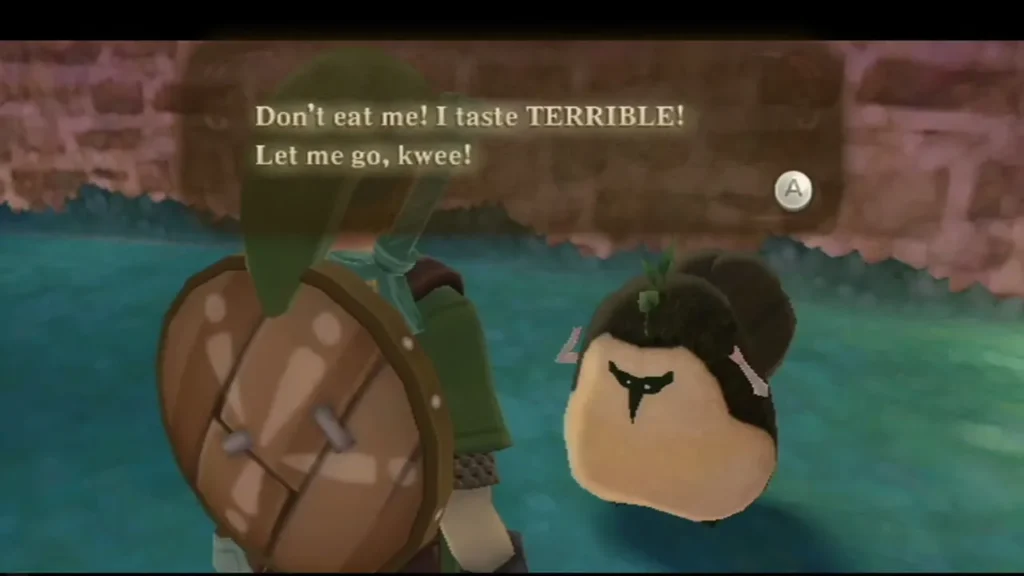 Link stands beside a Kikwi who says not to eat him, because he tastes terrible. Link stands beside a Kikwi who says not to eat him, because he tastes terrible.
