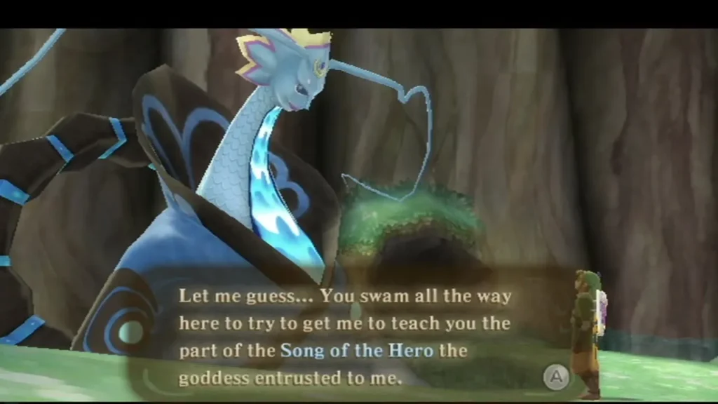 The Water Dragon coils beside her pool in Faron Woods and says Link swam there to learn the Song of the Hero. The Water Dragon coils beside her pool in Faron Woods and says Link swam there to learn the Song of the Hero.