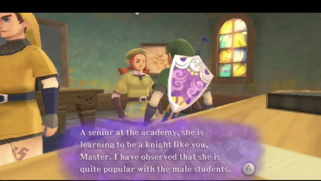 Fi tells Link that Karane is a senior learning to be a knight and is popular with the male students. Fi tells Link that Karane is a senior learning to be a knight and is popular with the male students.